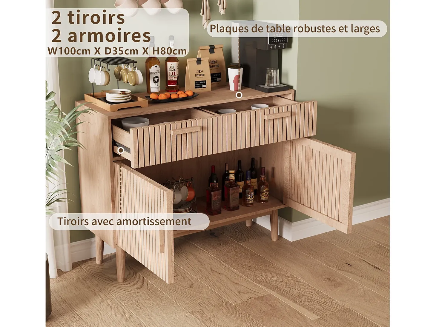 Aparador con almacenaje para salón y cocina con 2 puertas y 2 cajones 100 x 35 x 80 cm