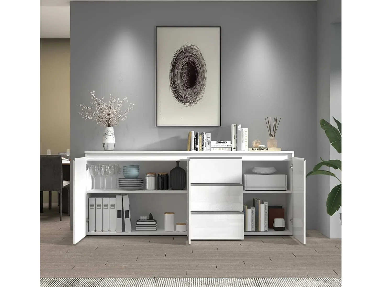 Aparador con cajonera Magic de 3 puertas y 3 cajones blanco brillo 200x40x85 cm