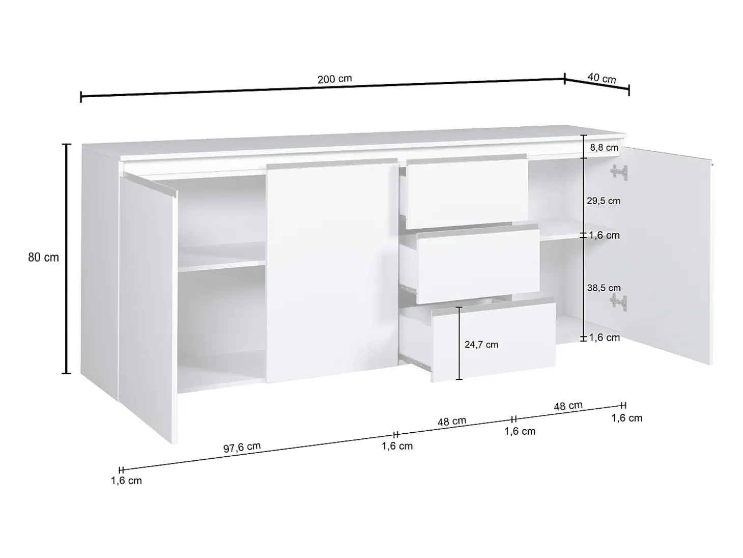 Aparador con cajonera Magic de 3 puertas y 3 cajones blanco brillo 200x40x85 cm