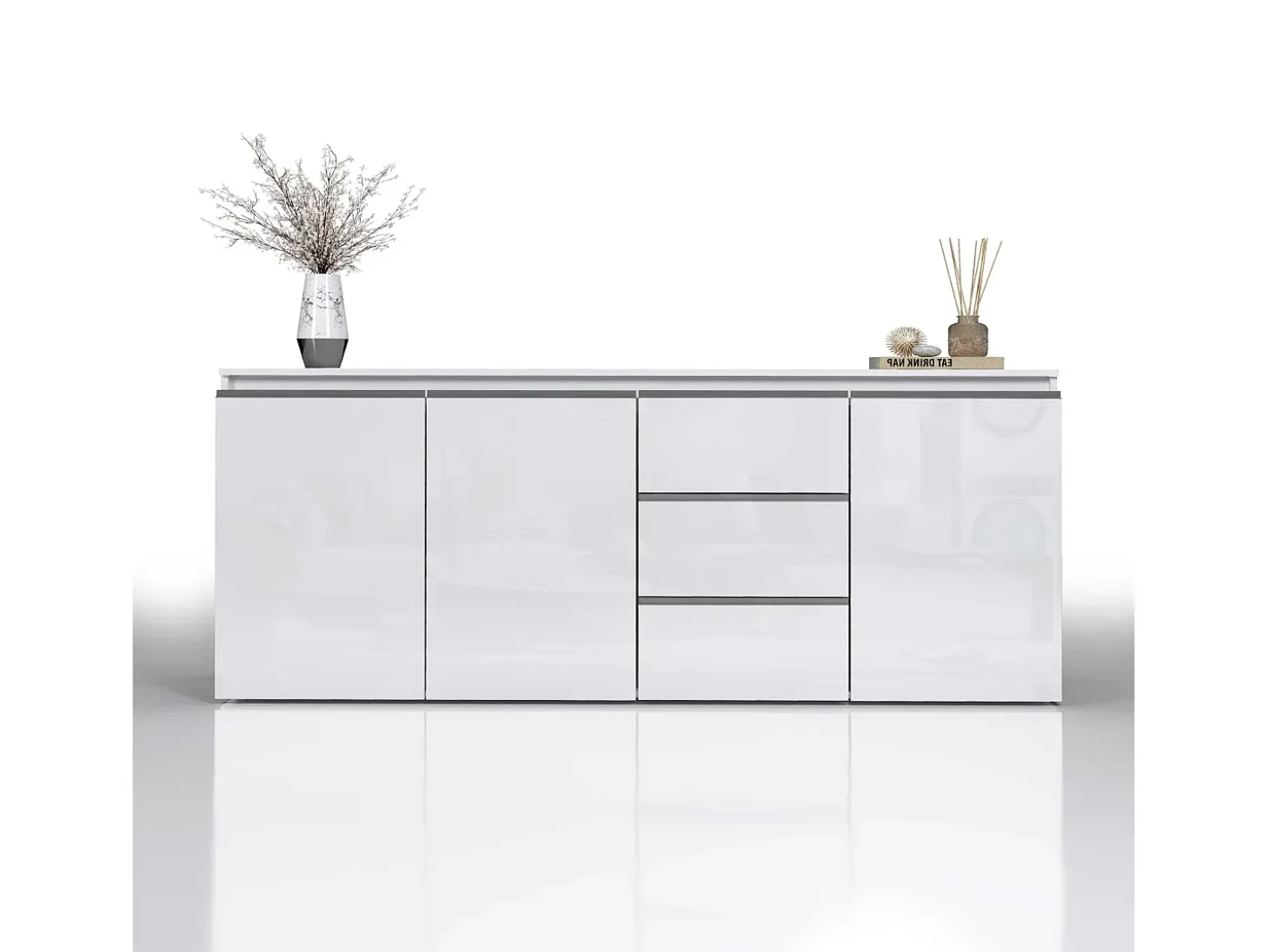 Aparador con cajonera Magic de 3 puertas y 3 cajones blanco brillo 200x40x85 cm