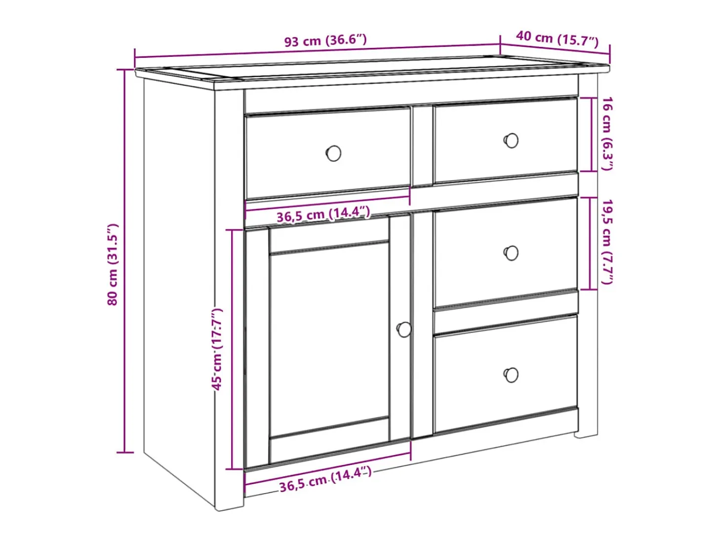 Aparador con cajones Panama madera maciza pino 93x40x80 cm