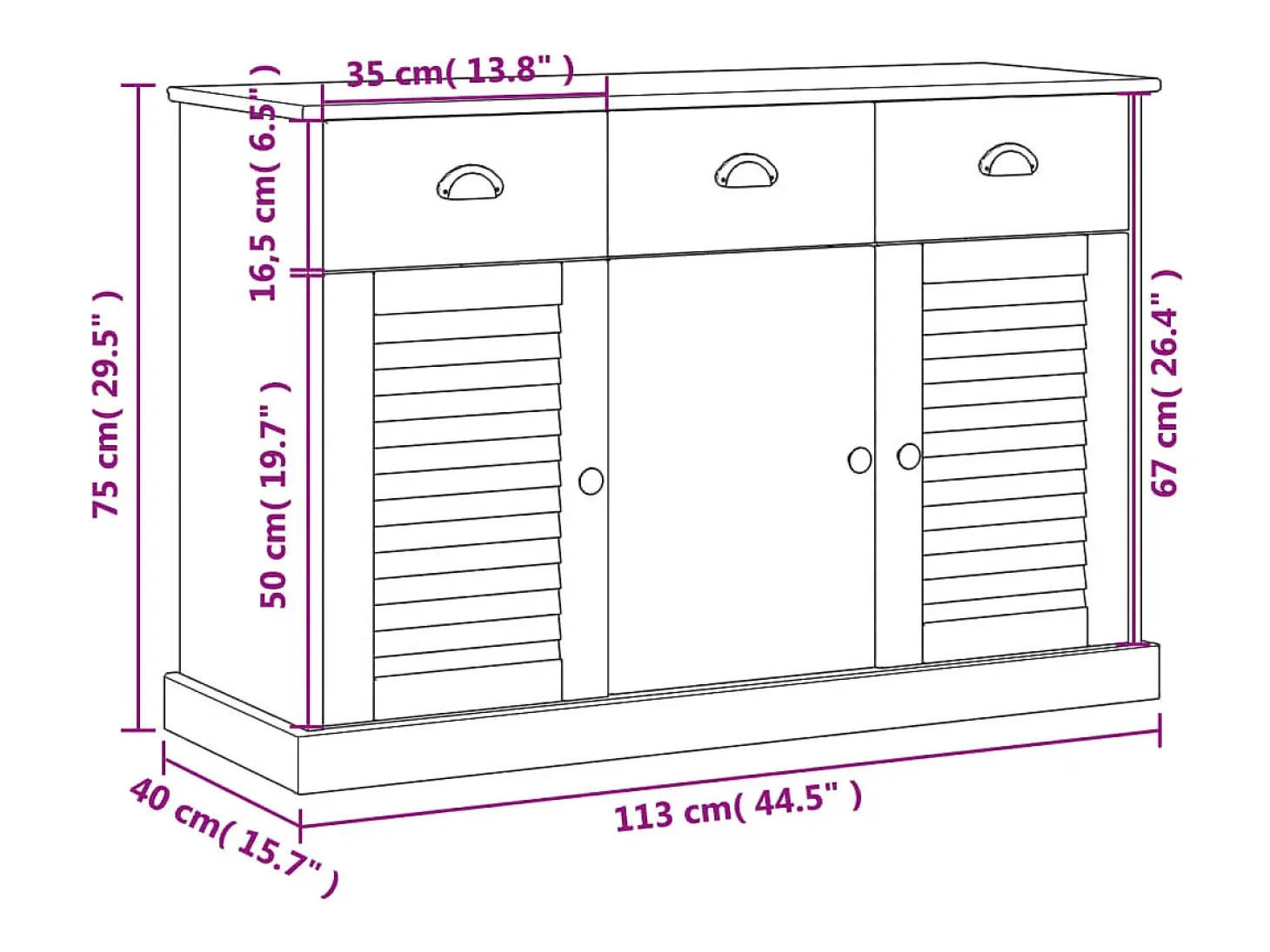 Aparador con cajones VIGO madera maciza pino blanco 113x40x75cm