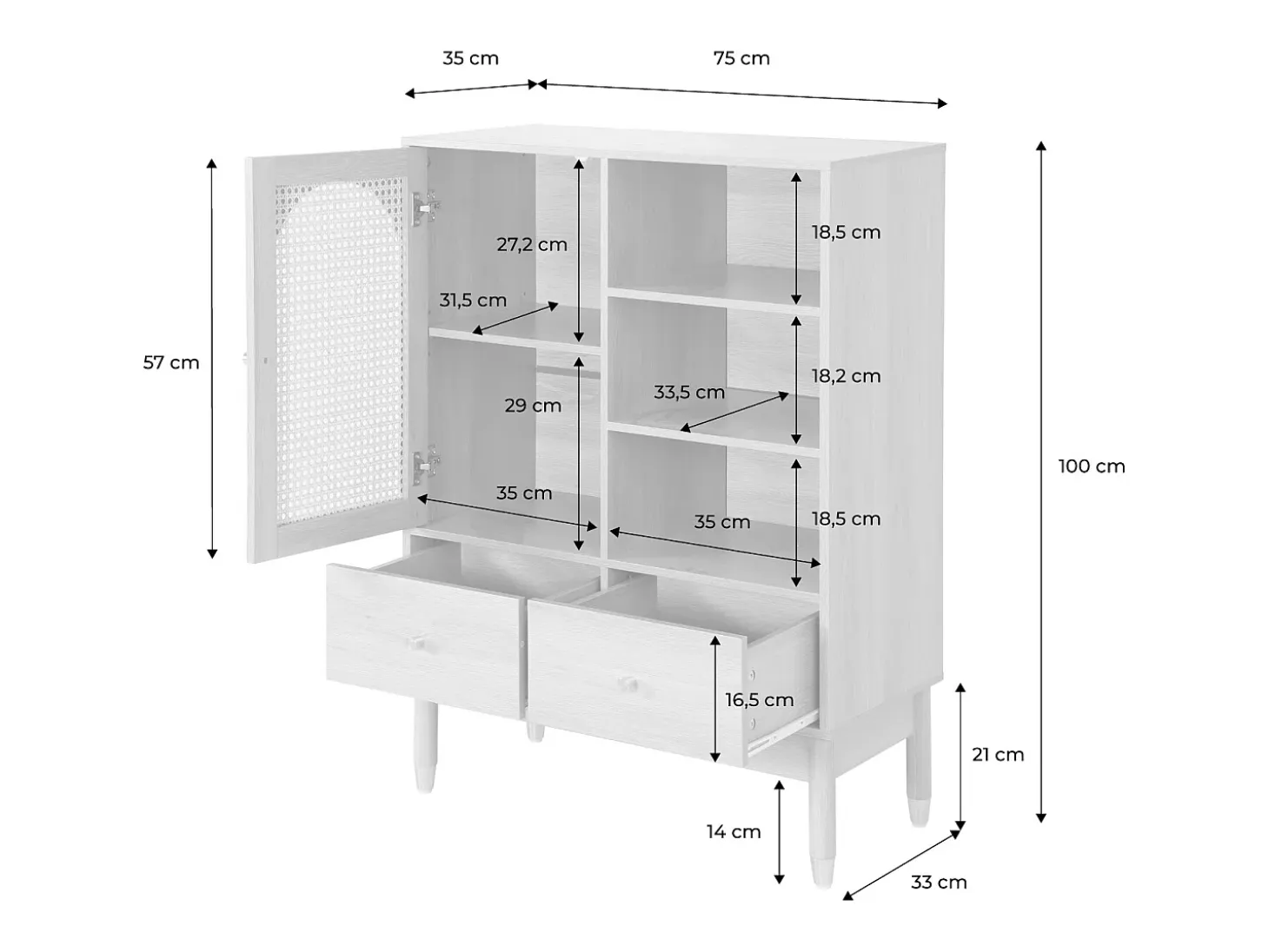 Aparador con decoración de madera y mimbre 1 puerta, 75cm natural