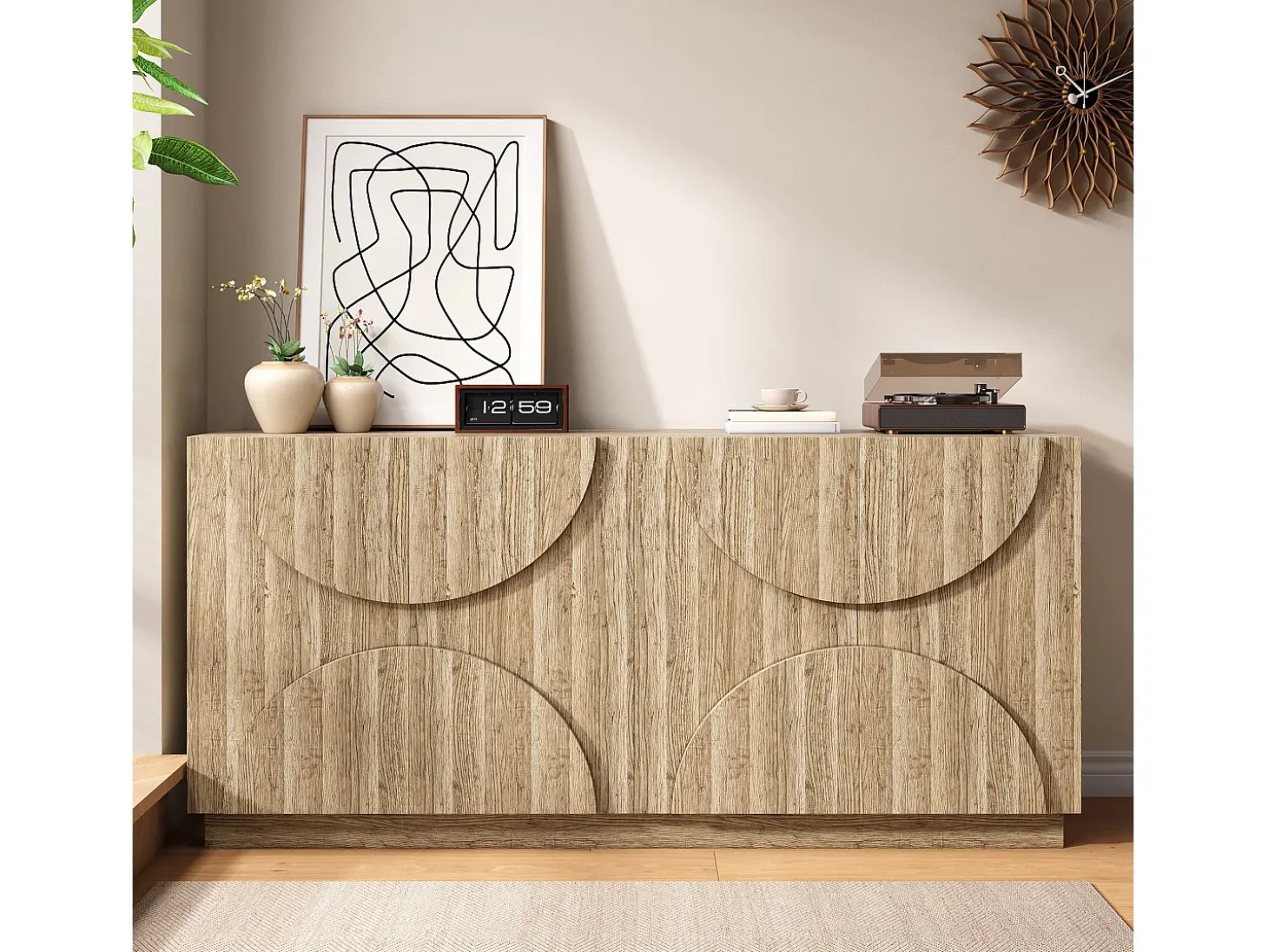 Aparador con estantes, mueble con hamaca, acabado en madera natural, 160 cm de largo x 40 cm de ancho x 80 cm de alto
