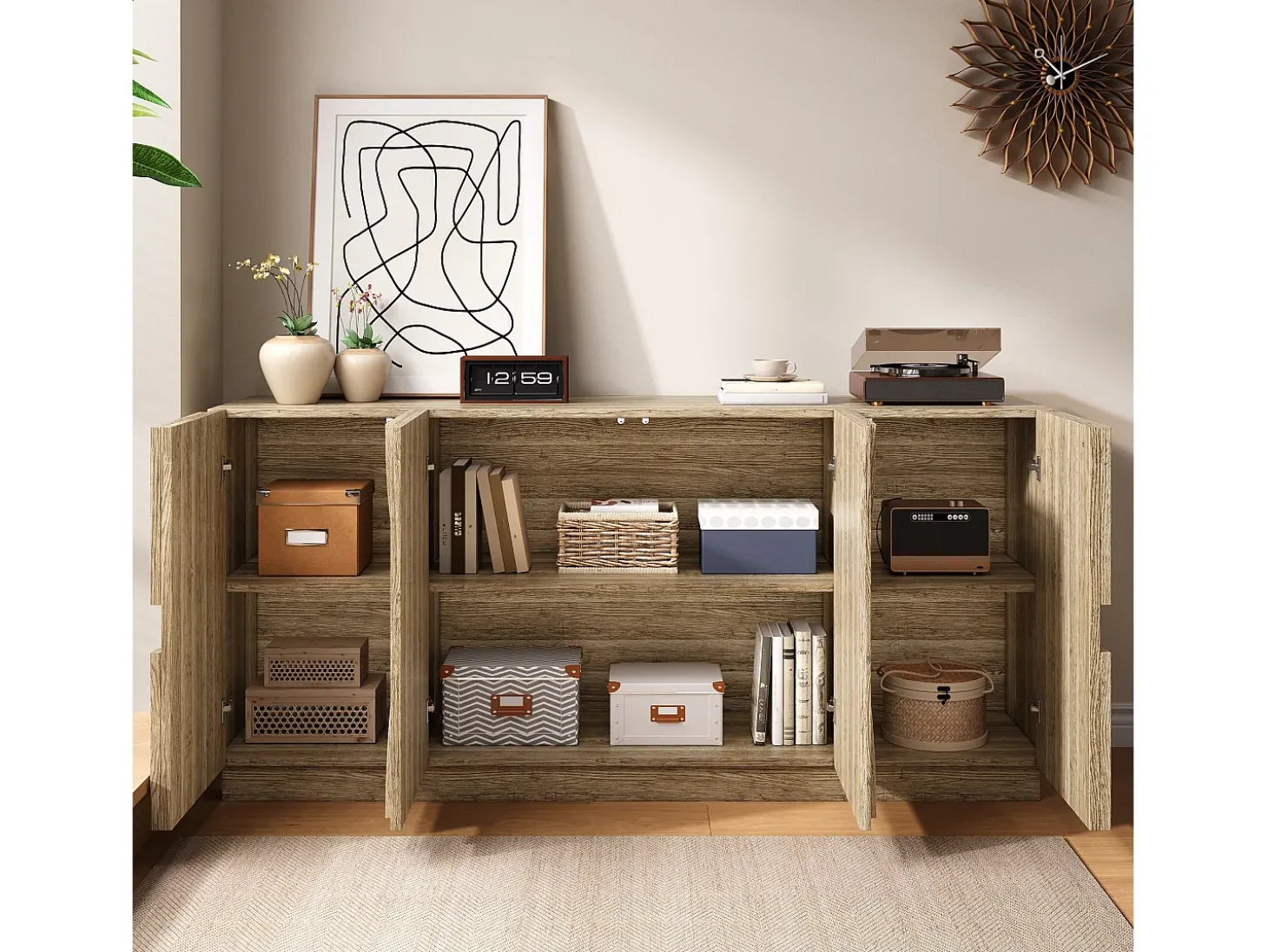 Aparador con estantes, mueble con hamaca, acabado en madera natural, 160 cm de largo x 40 cm de ancho x 80 cm de alto