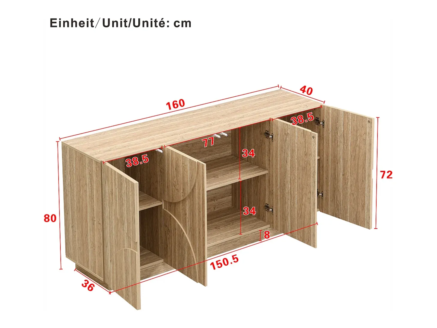 Aparador con estantes, mueble con hamaca, acabado en madera natural, 160 cm de largo x 40 cm de ancho x 80 cm de alto