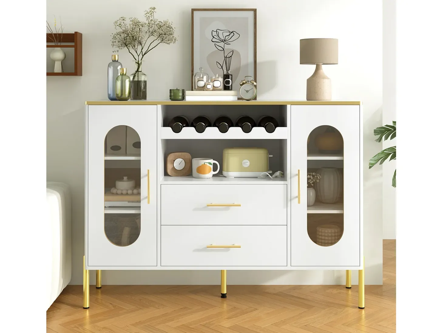 Aparador con frentes de cristal - 120 x 38 x 90 cm - con 2 cajones - Patas regulables - MDF - blanco