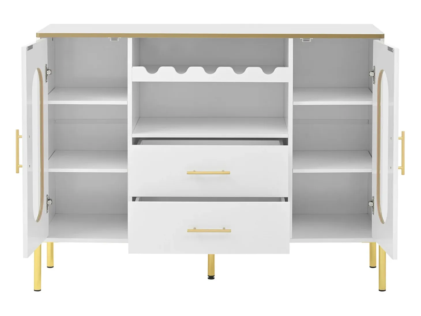 Aparador con frentes de cristal - 120 x 38 x 90 cm - con 2 cajones - Patas regulables - MDF - blanco