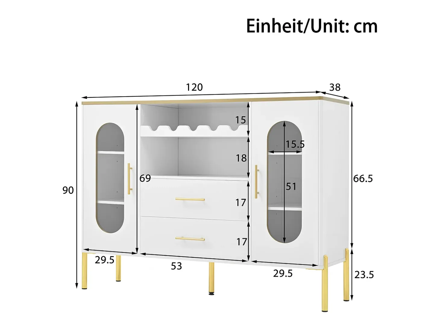 Aparador con frentes de cristal - 120 x 38 x 90 cm - con 2 cajones - Patas regulables - MDF - blanco