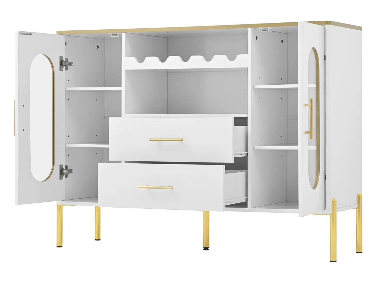 Aparador con frentes de cristal - 120 x 38 x 90 cm - con 2 cajones - Patas regulables - MDF - blanco