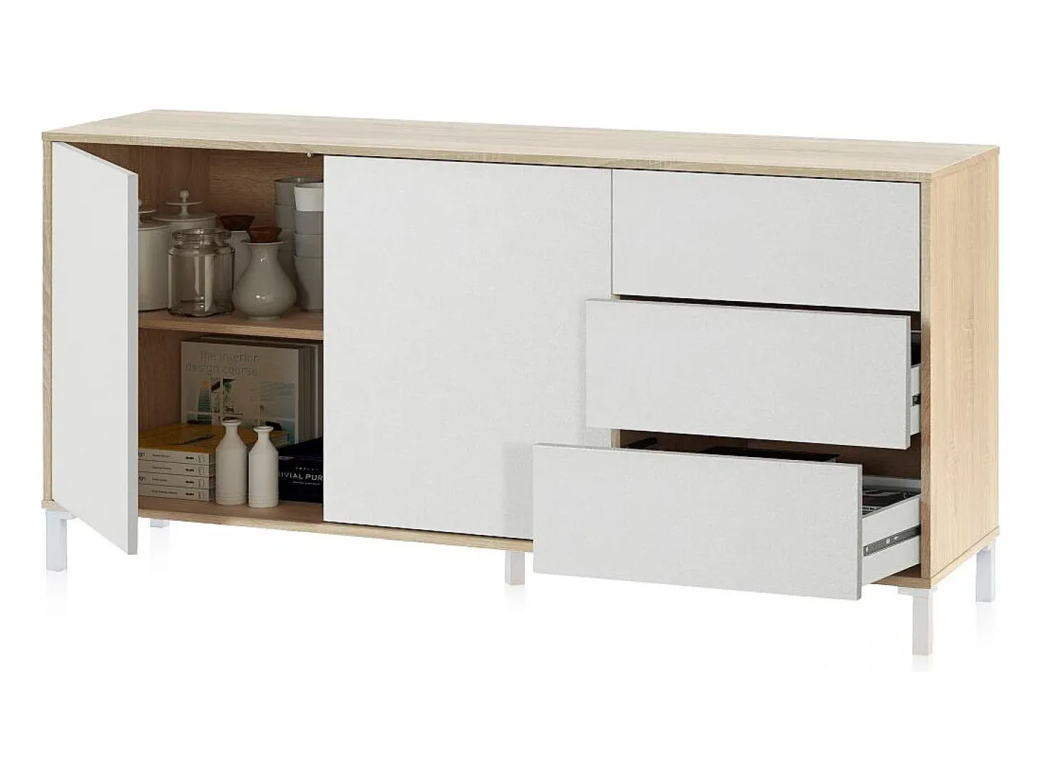 Aparador con gran espacio de almacenamiento en blanco mate y roble canadian 154 cm Lea Blanco Artik (Blanco Mate) - Roble Canadian
