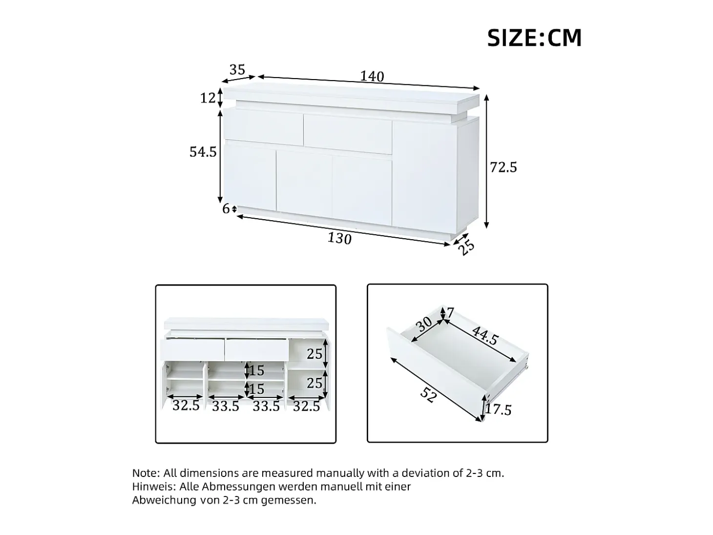 Aparador con iluminación LED, 4 puertas y 2 cajones - Acabado blanco brillo 140x35x72,5 cm