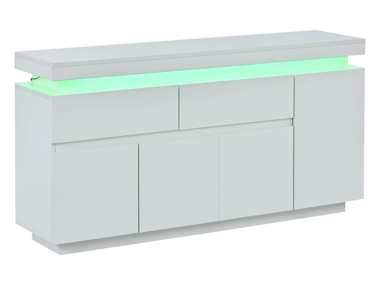 Aparador con iluminación LED, 4 puertas y 2 cajones - Acabado blanco brillo 140x35x72,5 cm