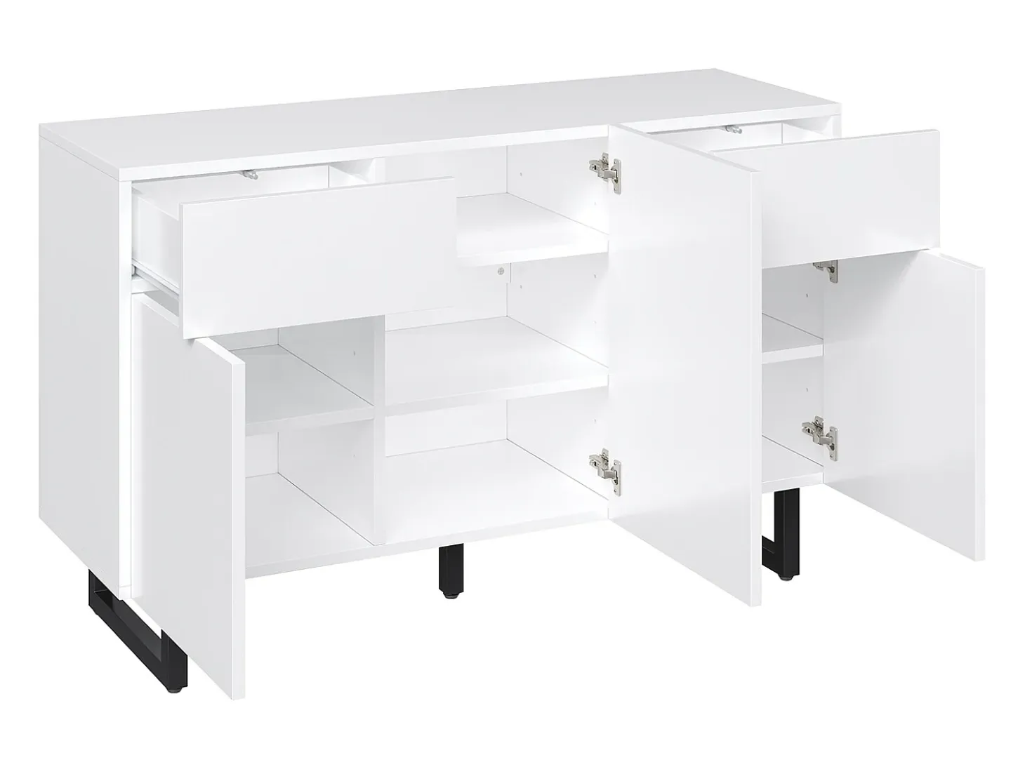 Aparador con iluminación LED, 3 puertas y 2 cajones - Patas metálicas - Blanco