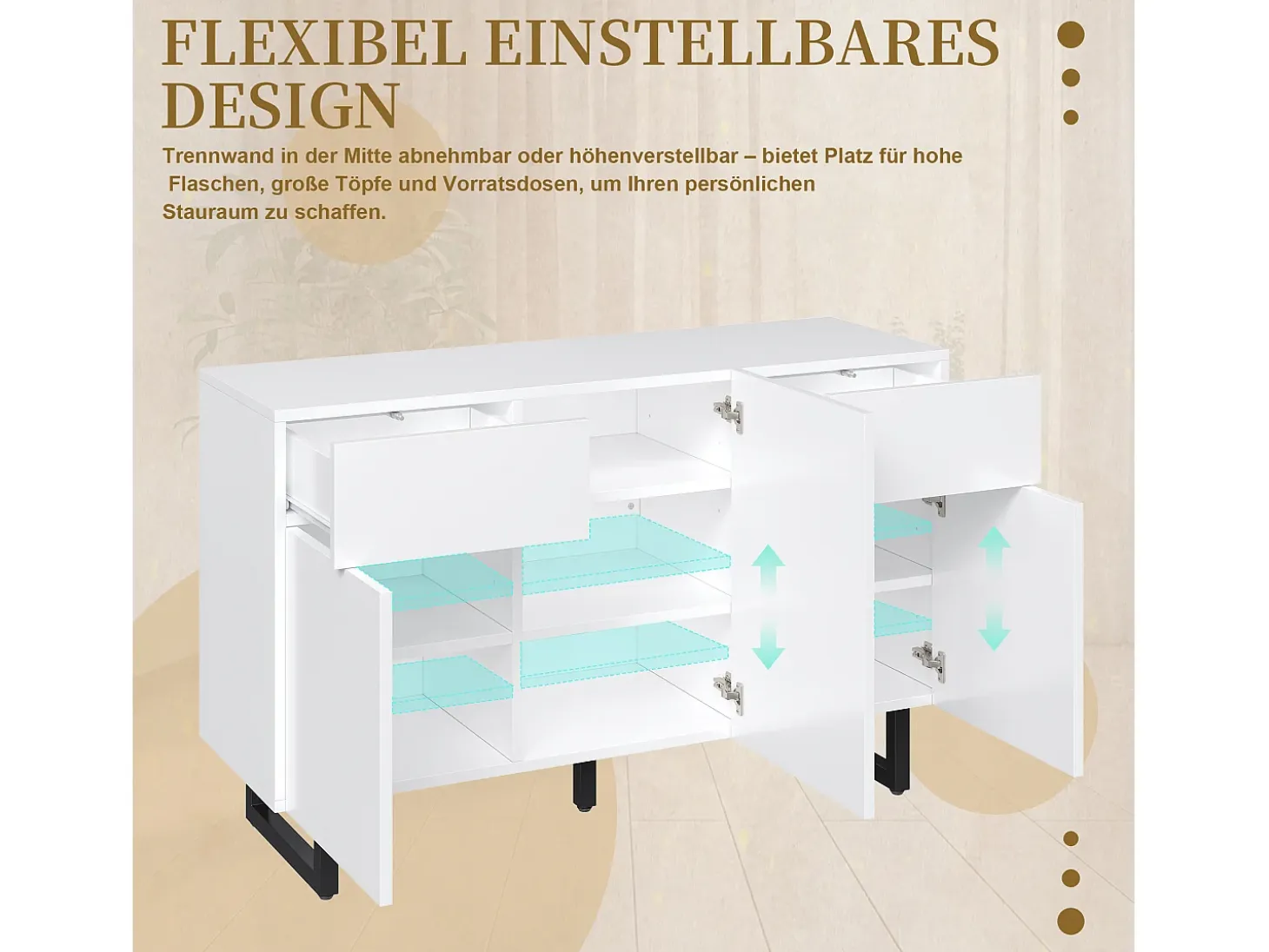 Aparador con iluminación LED, 3 puertas y 2 cajones - Patas metálicas - Blanco