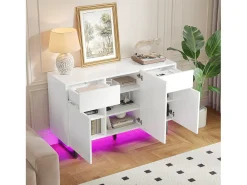 Aparador con iluminación LED, 3 puertas y 2 cajones - Patas metálicas - Blanco