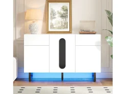 Aparador con iluminación LED, 3 puertas y 2 cajones - Patas metálicas - Blanco