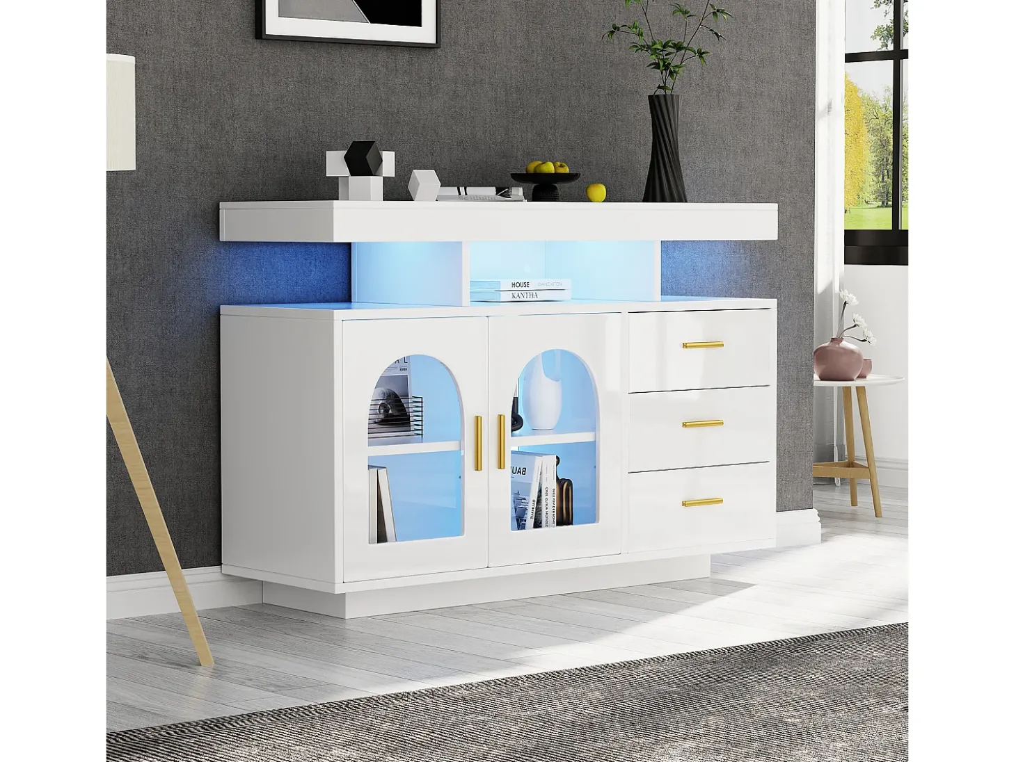 Aparador con iluminación LED, almacenaje con cajones, aglomerado, blanco (120 x 40 x 80 cm)