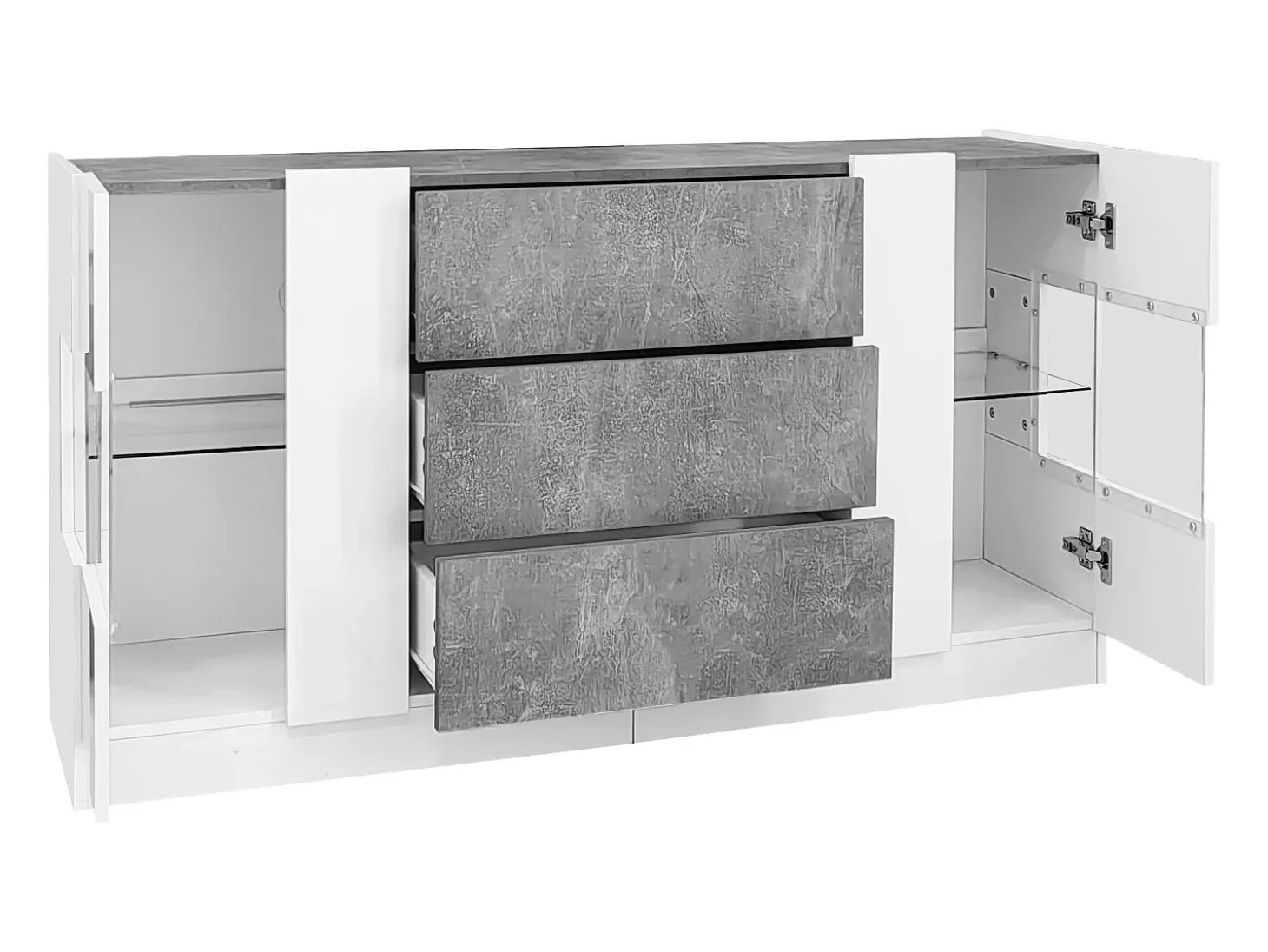 Aparador con LED - 2 puertas y 3 cajones - frente blanco brillo y efecto mármol gris - Blanco
