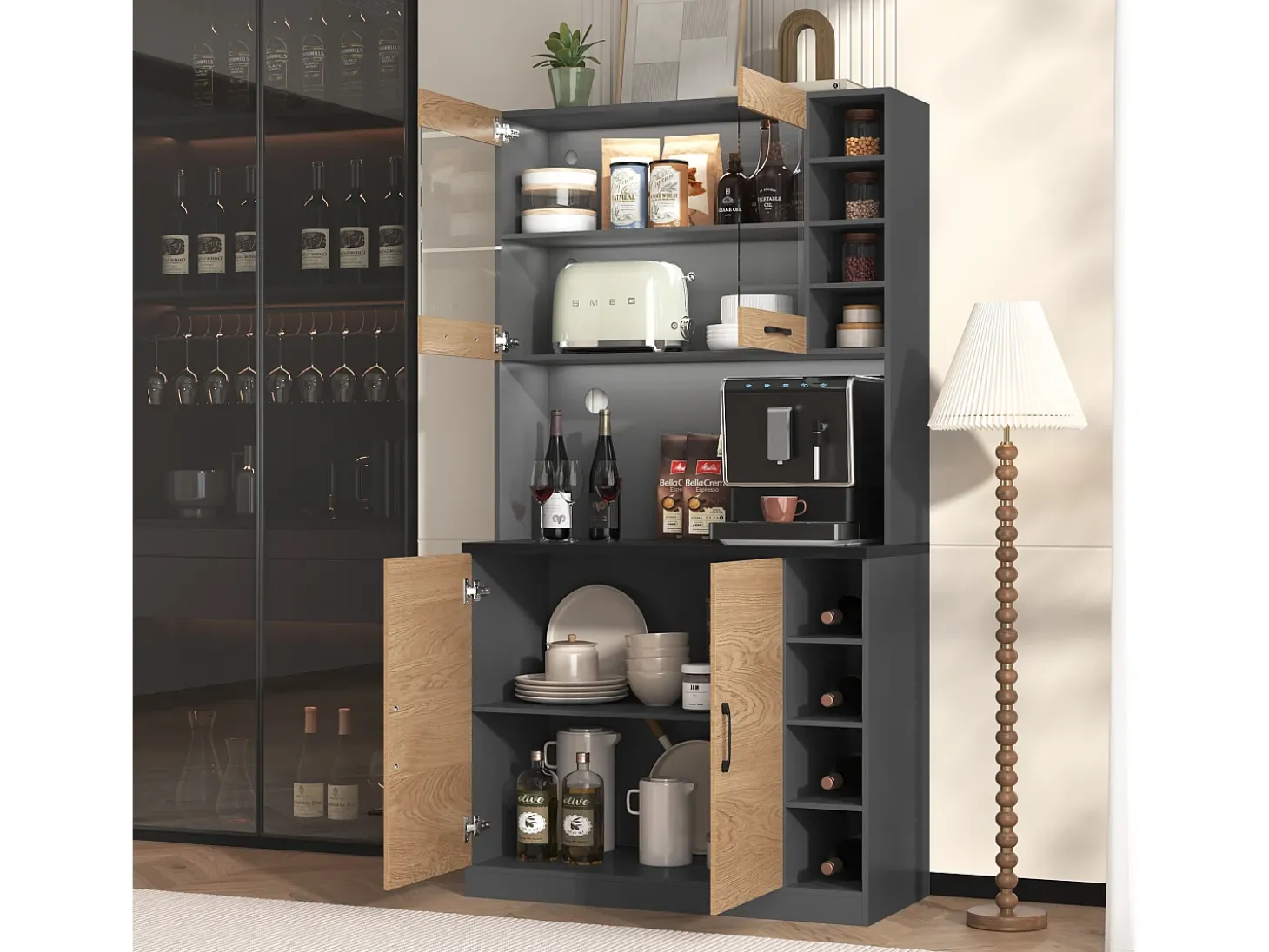 Aparador con LED, 2 x USB, 2 x enchufes, 3 cajones, 100x40x187 cm, práctico almacenaje para cocina y comedor