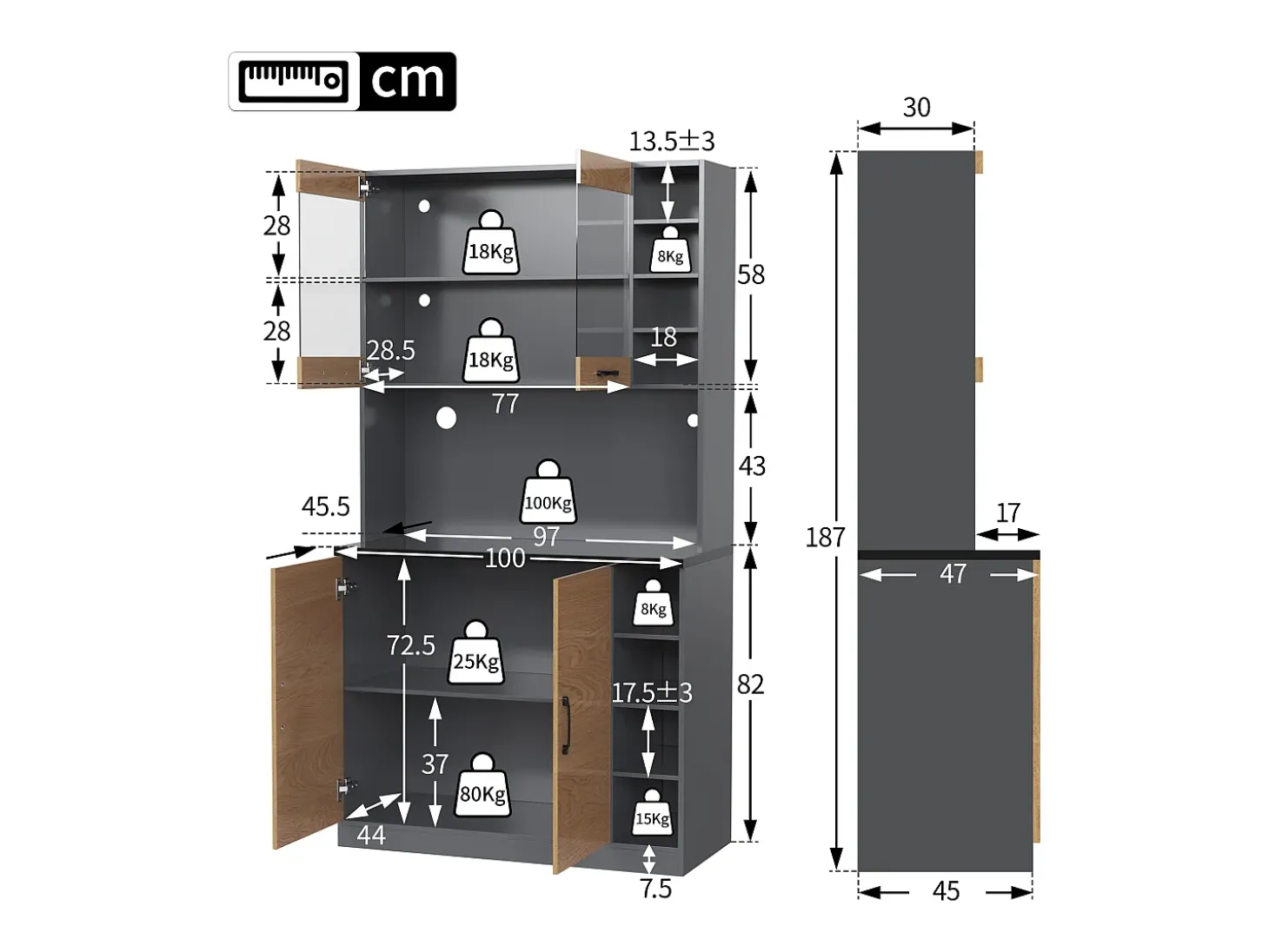 Aparador con LED, 2 x USB, 2 x enchufes, 3 cajones, 100x40x187 cm, práctico almacenaje para cocina y comedor