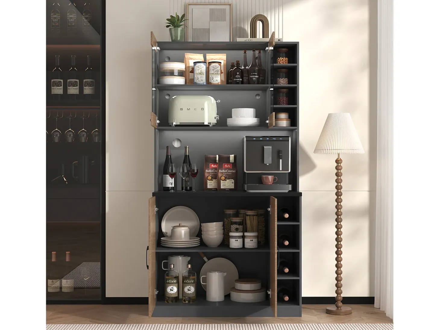 Aparador con LED, 2 x USB, 2 x enchufes, 3 cajones, 100x40x187 cm, práctico almacenaje para cocina y comedor