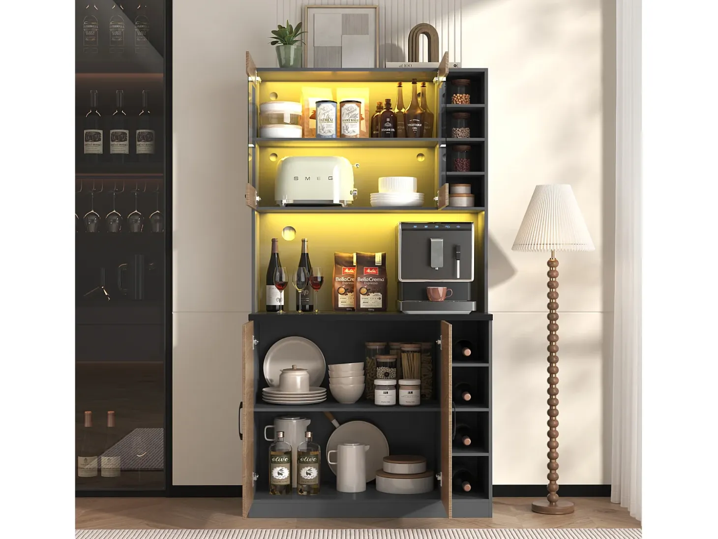 Aparador con LED, 2 x USB, 2 x enchufes, 3 cajones, 100x40x187 cm, práctico almacenaje para cocina y comedor