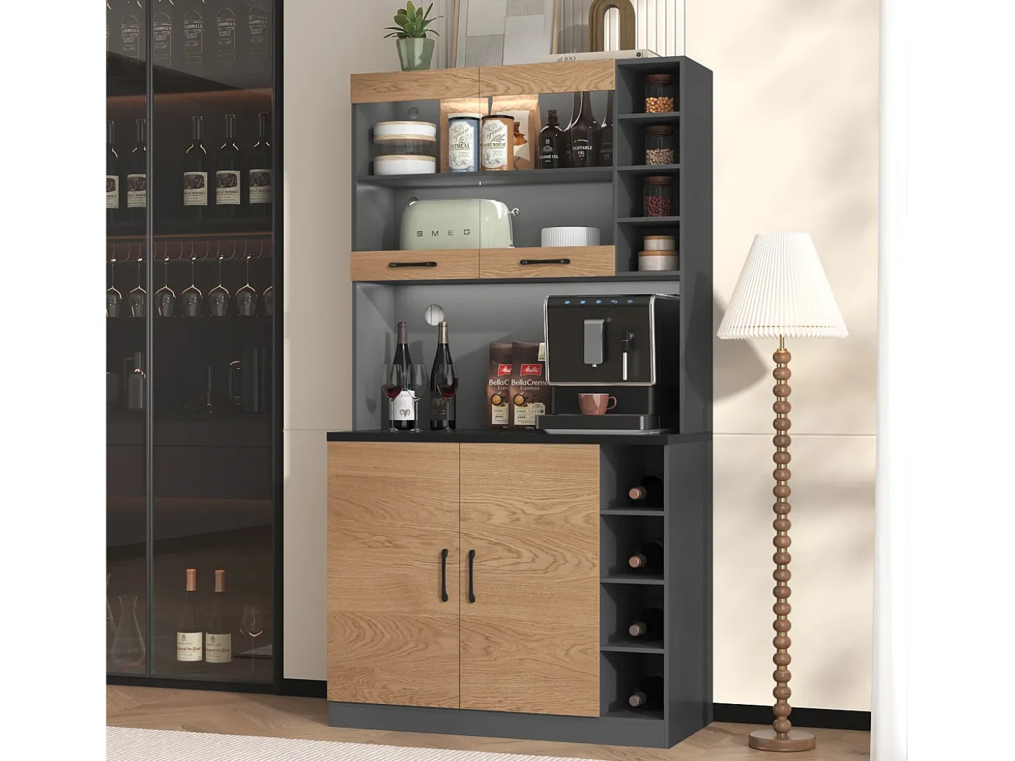 Aparador con LED, 2 x USB, 2 x enchufes, 3 cajones, 100x40x187 cm, práctico almacenaje para cocina y comedor