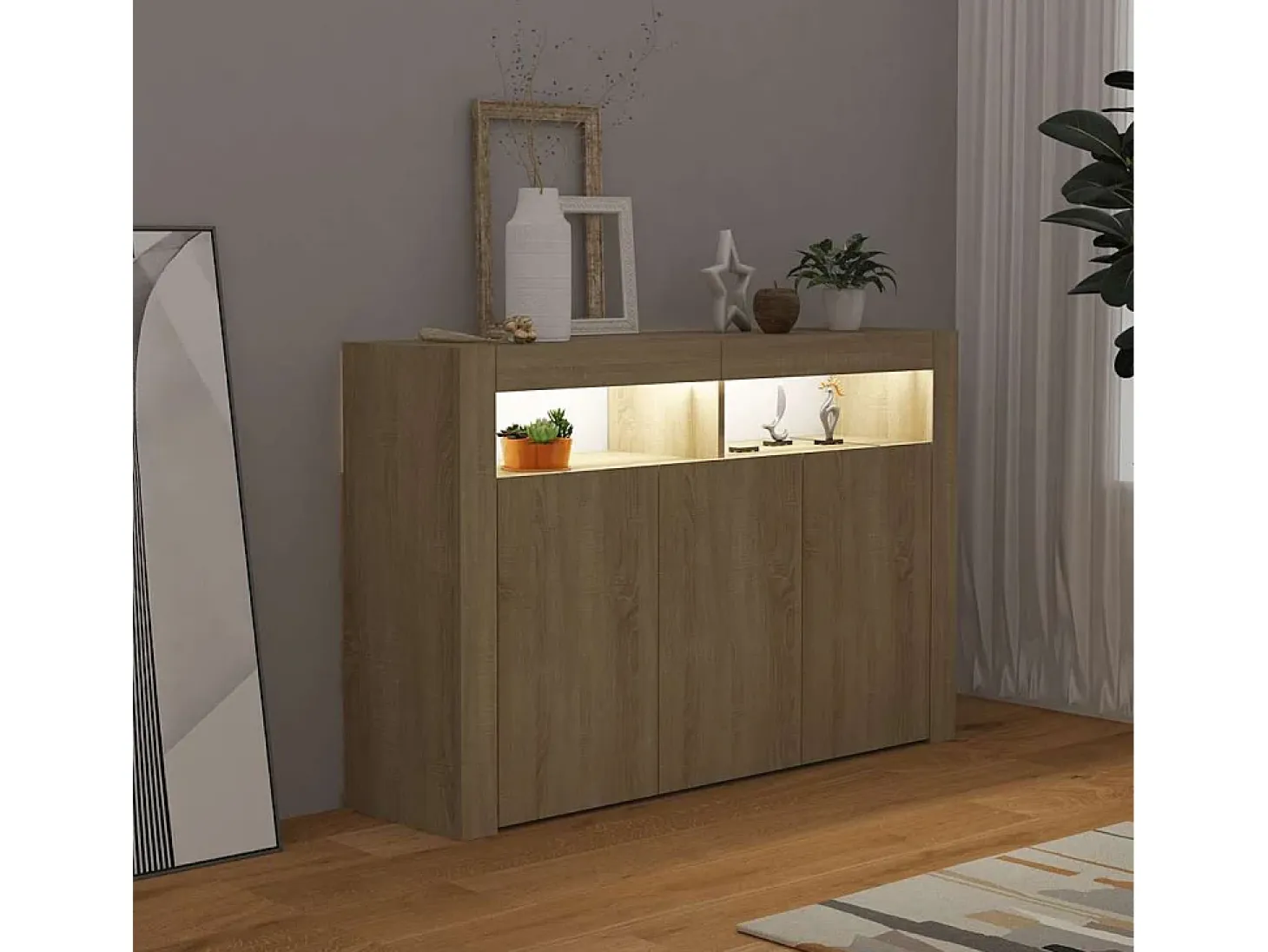 Aparador con luces LED roble Sonoma 115,5x30x75 cm