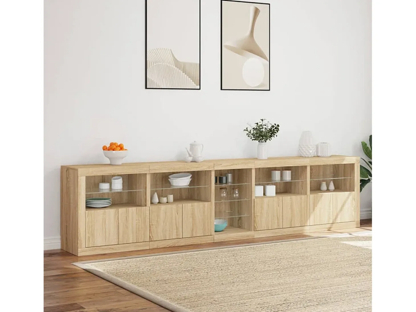 Aparador con luces LED roble Sonoma 283x37x67 cm
