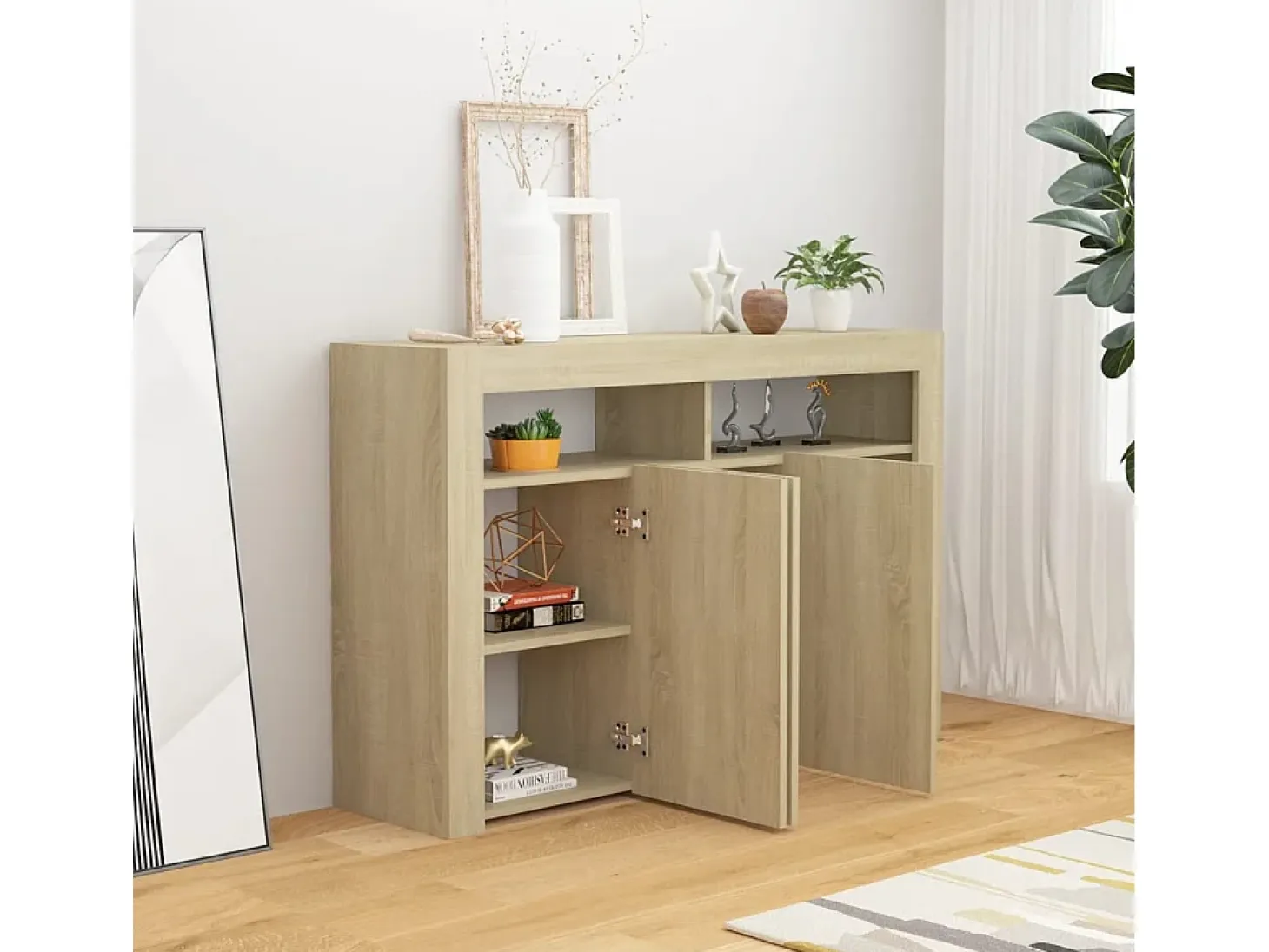 Aparador con luces LED roble Sonoma 115,5x30x75 cm