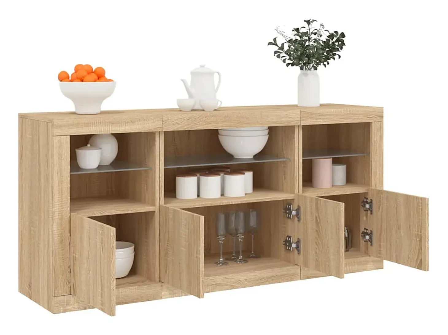 Aparador con luces LED roble Sonoma 142,5x37x67 cm