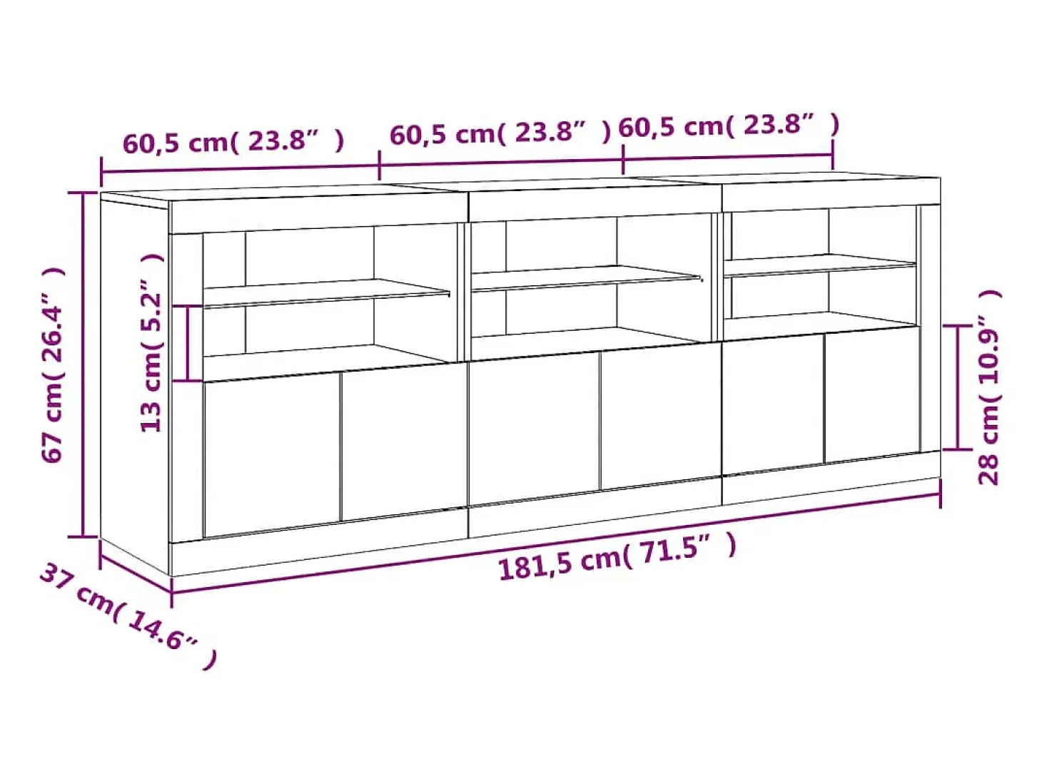 Aparador con luces LED roble Sonoma 181,5x37x67 cm