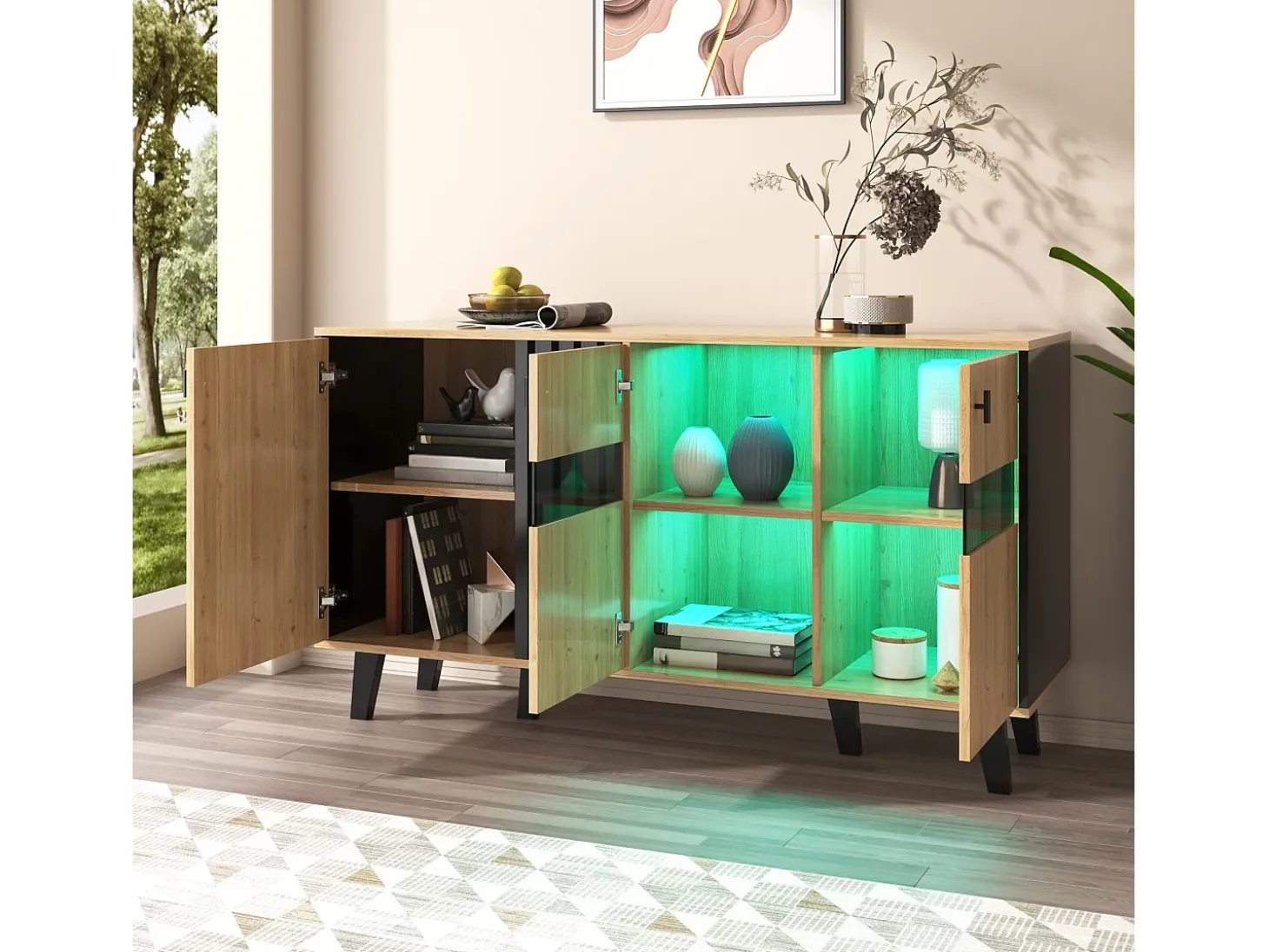Aparador con luz LED - Cómoda moderna de 3 puertas con cristal - Color madera