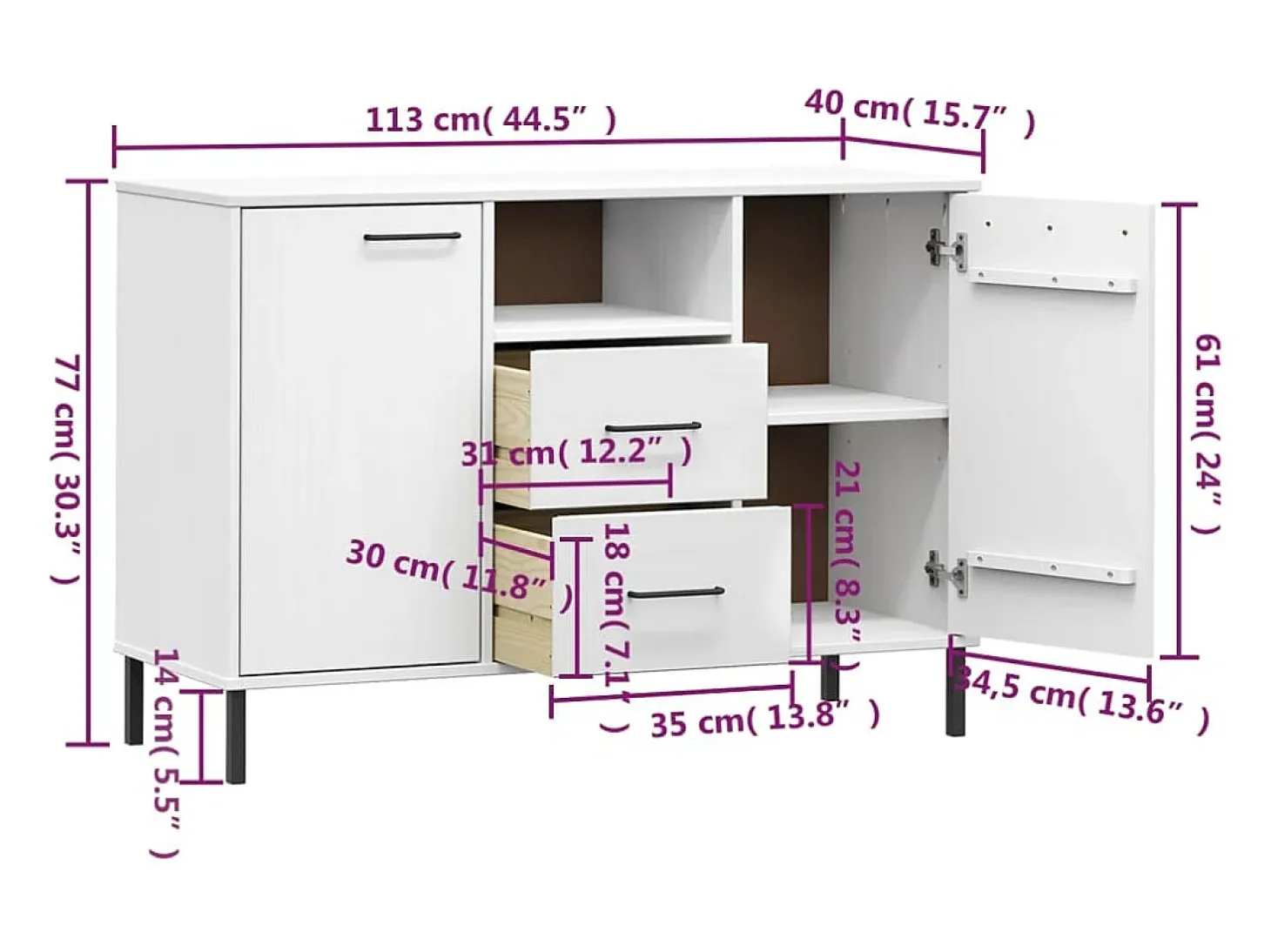 Aparador con patas de metal Blanco 113x40x77 cm Madera maciza OSLO