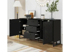 Aparador con puertas chevron, 2 puertas y 3 cajones, MDF, negro (145x40x75 cm)