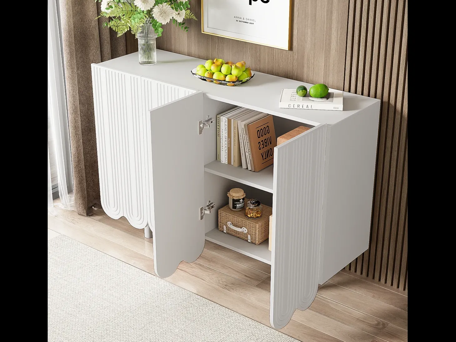 Aparador con puertas talladas en forma de gota, diseño moderno, MDF, blanco (120x37,5x80,8 cm)