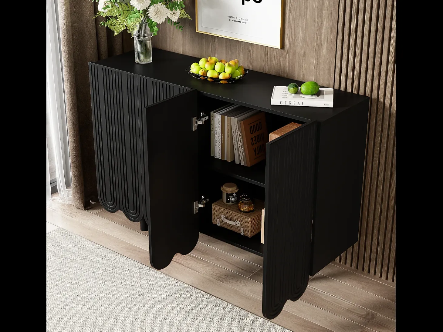 Aparador con puertas talladas en forma de gota, MDF, negro (120x37,5x80,8 cm)
