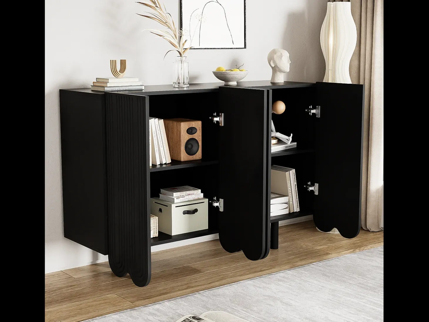 Aparador con puertas talladas en forma de gota, MDF, negro (120x37,5x80,8 cm)