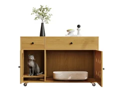 Aparador con ruedas - 100 x 45 x 66 cm - con arenero extraíble + aislamiento de olores - MDF - natural