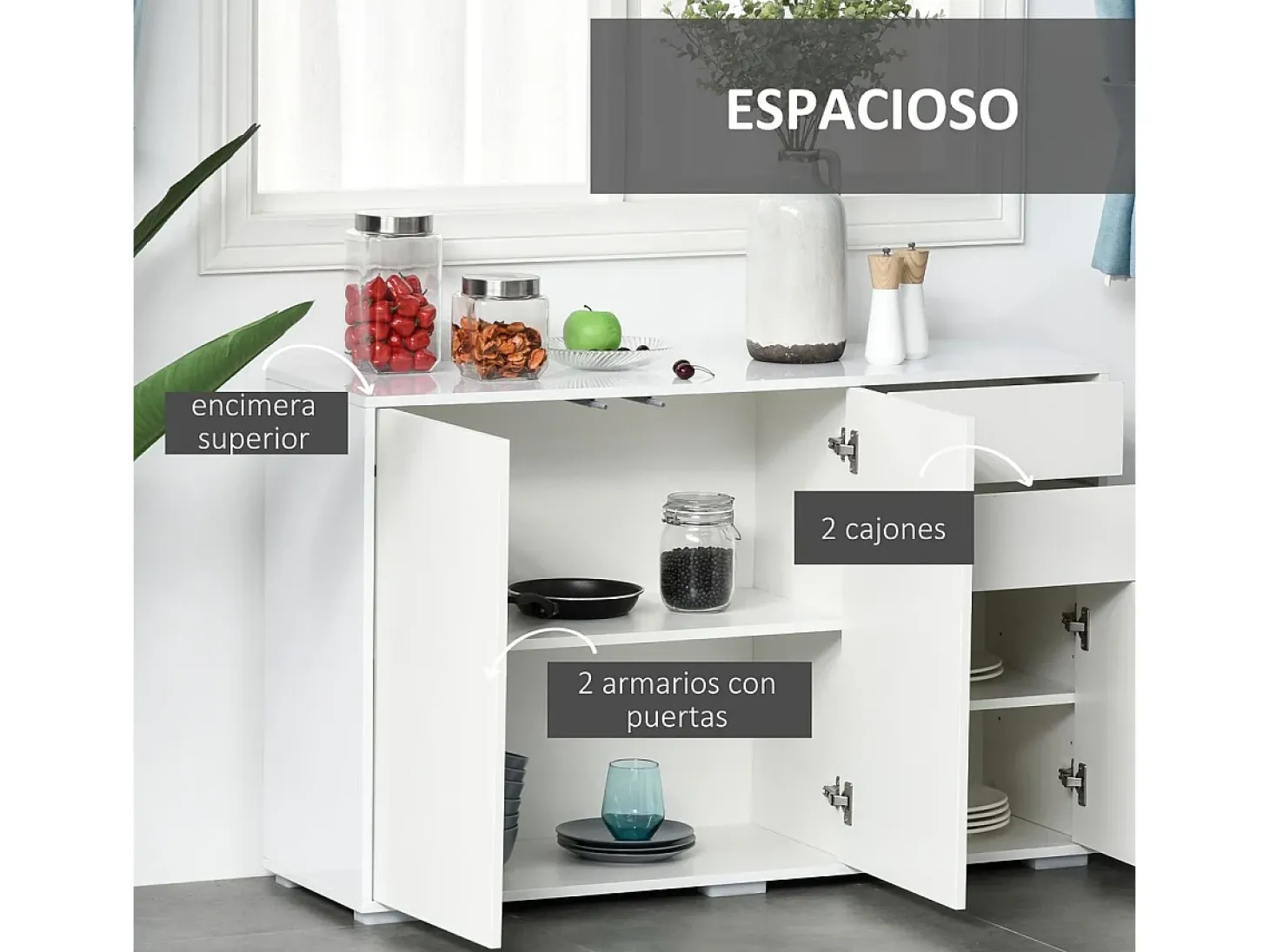 Aparador Conil Homcom 3 puertas + 2 cajones blanco 74x117x36 cm