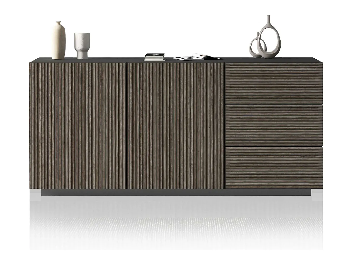 Aparador Coste con 2 puertas y 3 cajones, color antracita mate y madera oscura, 180 x 43 x 86 cm