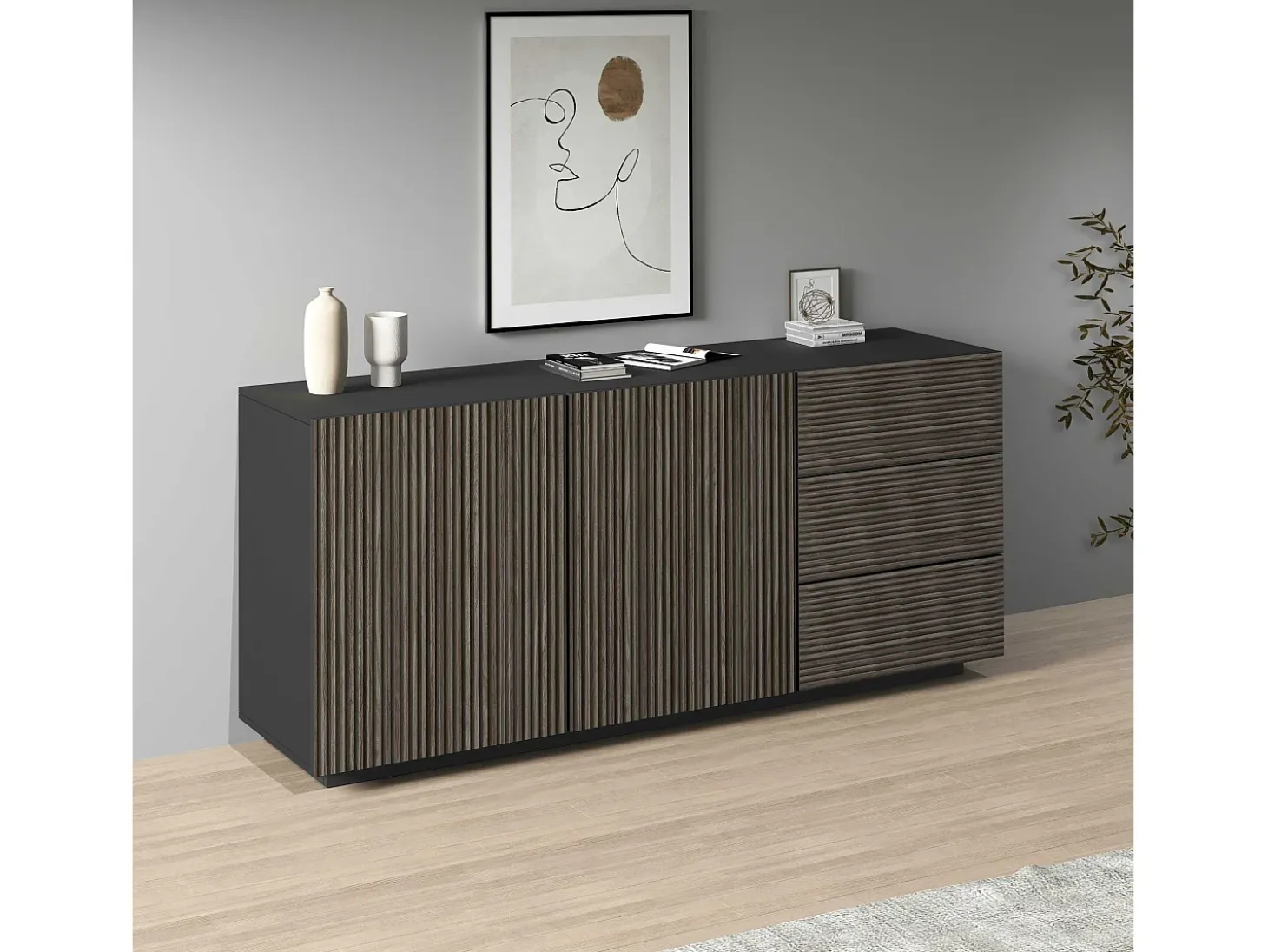 Aparador Coste con 2 puertas y 3 cajones, color antracita mate y madera oscura, 180 x 43 x 86 cm