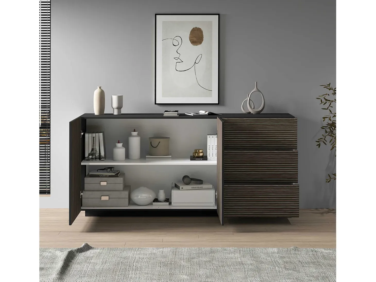 Aparador Coste con 2 puertas y 3 cajones, color antracita mate y madera oscura, 180 x 43 x 86 cm