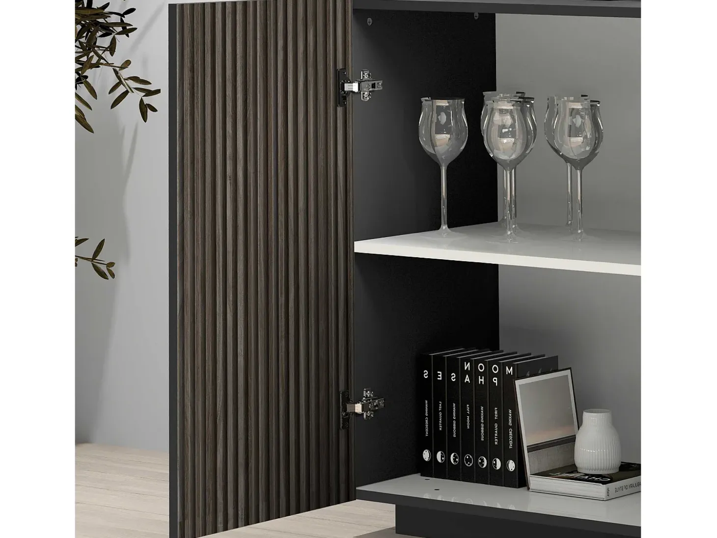 Aparador Coste con 2 puertas y 3 cajones, color antracita mate y madera oscura, 180 x 43 x 86 cm