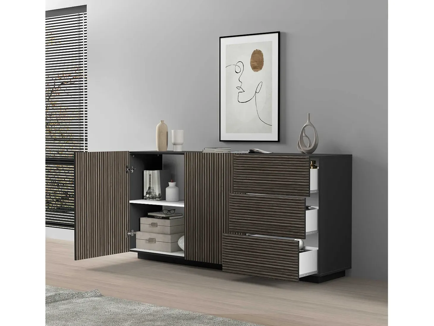 Aparador Coste con 2 puertas y 3 cajones, color antracita mate y madera oscura, 180 x 43 x 86 cm