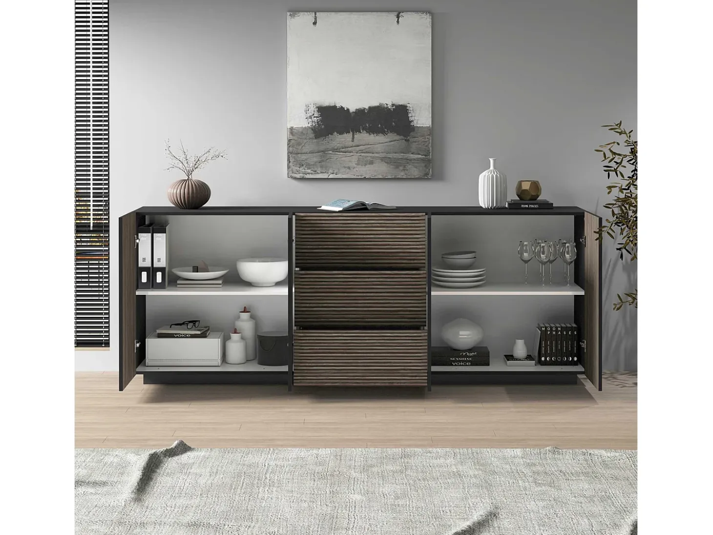 Aparador Coste con 4 puertas y 3 cajones en color antracita mate y madera oscura 220,1x43x86 cm