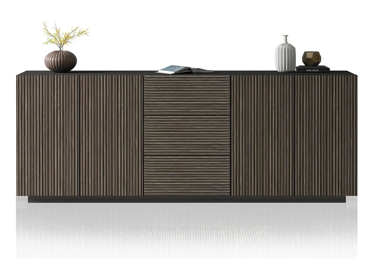 Aparador Coste con 4 puertas y 3 cajones en color antracita mate y madera oscura 220,1x43x86 cm