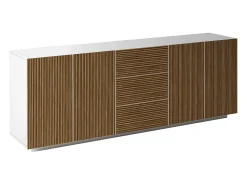 Aparador Coste con 4 puertas y 3 cajones en blanco mate y madera clara 220,1x43x86 cm