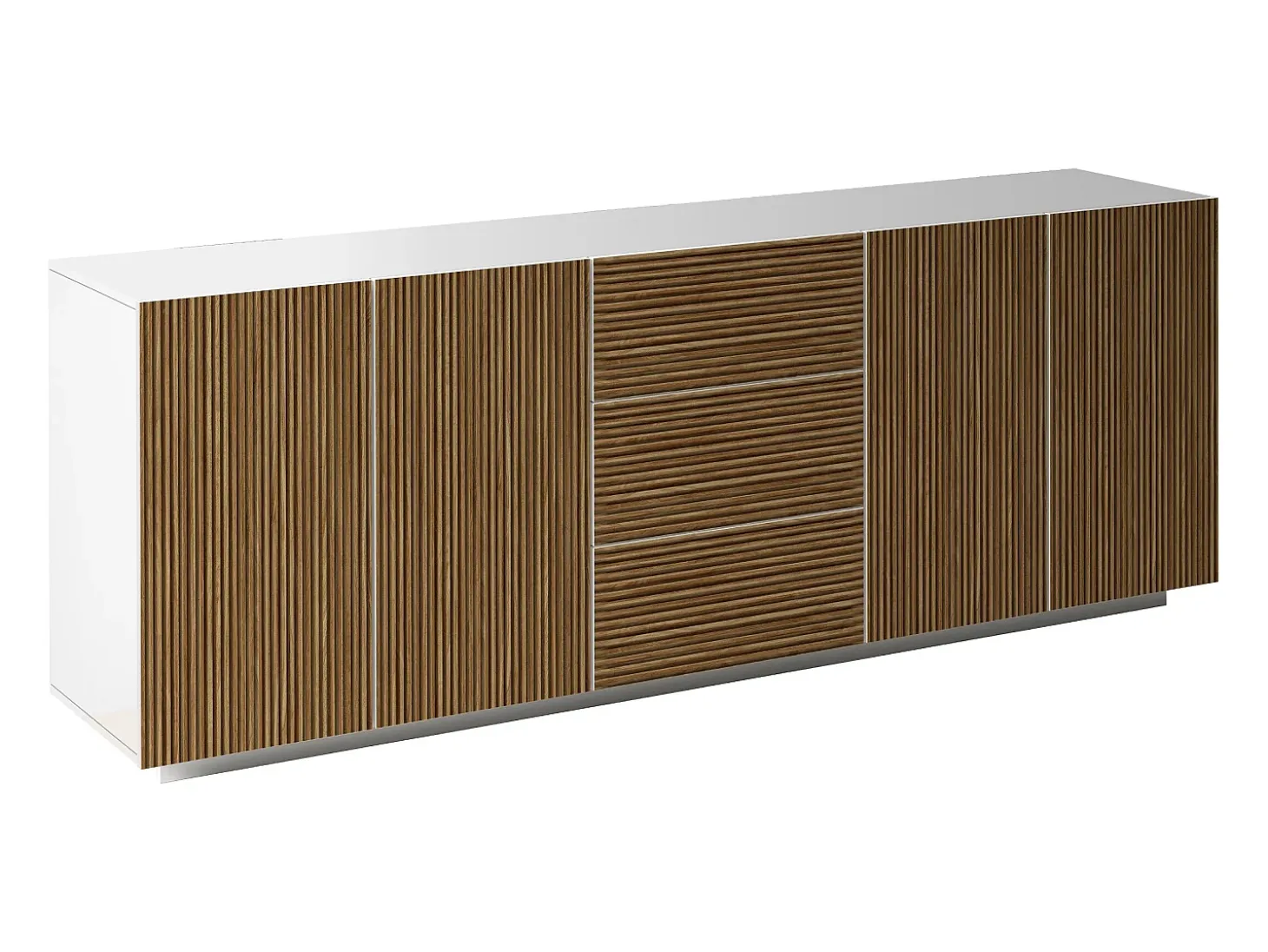 Aparador Coste con 4 puertas y 3 cajones en blanco mate y madera clara 220,1x43x86 cm